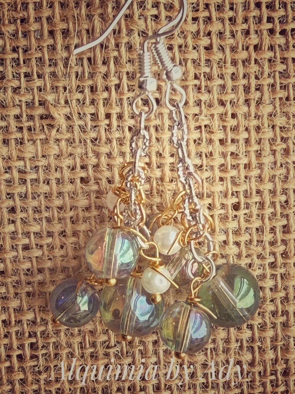 Iridescent Green aura quartz Drop Earrings with Gold Accents